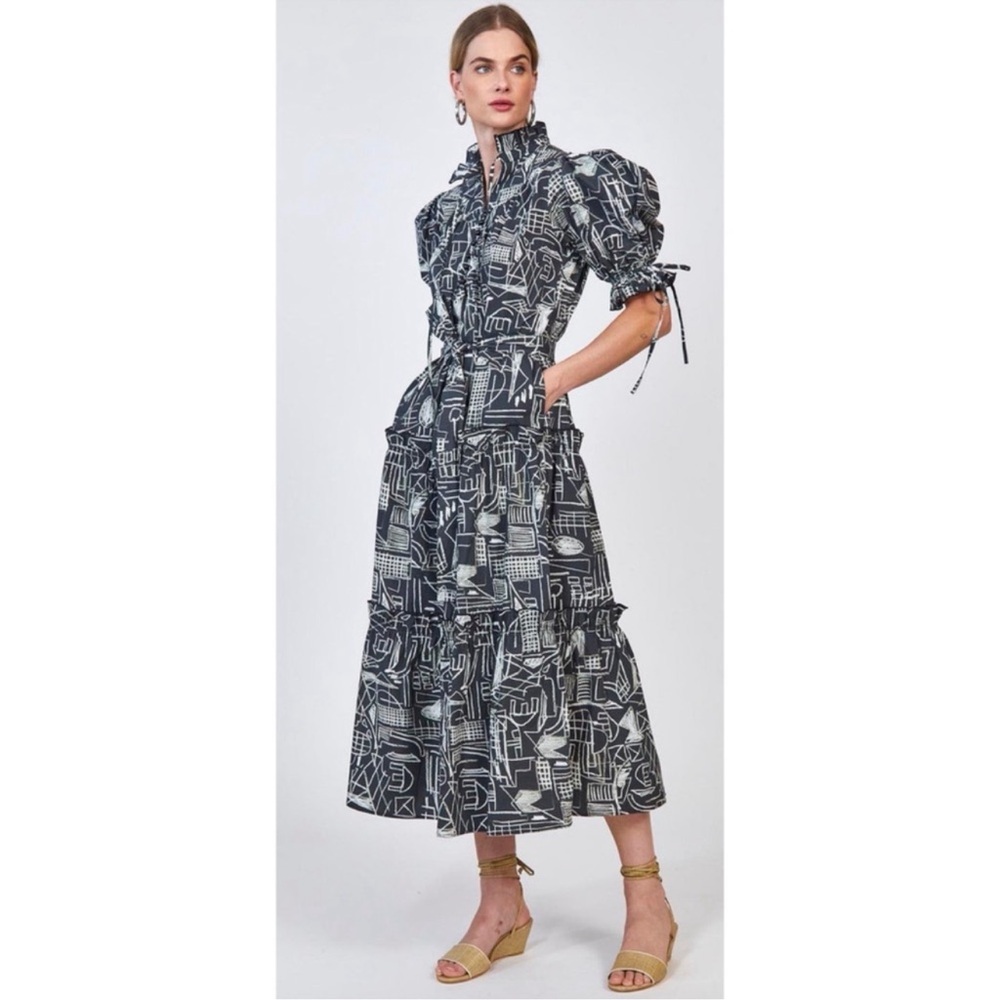 HUNTER BELL Black and White Printed Puff Sleeve Maxi Dress